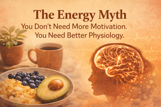 Protein breakfast and brain illustration representing better physiology for sustained midlife energy.