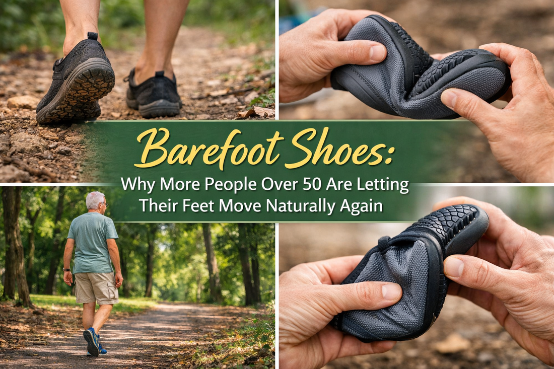Barefoot minimalist shoes with flexible sole being bent by hand while a man over 50 walks naturally along a woodland path.