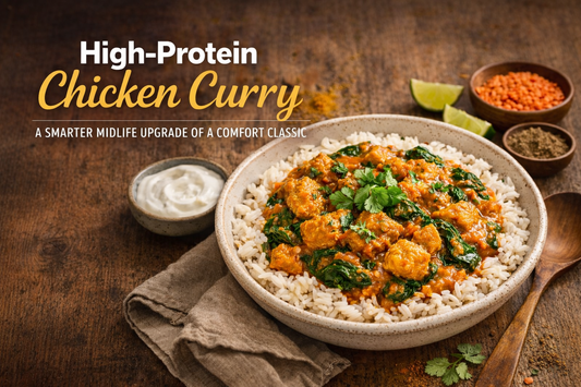 High-protein chicken curry with spinach and rice in a ceramic bowl, styled on a rustic wooden table