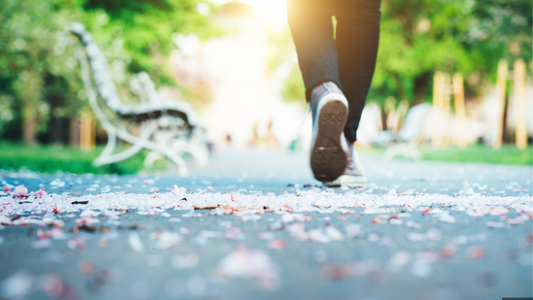 “Person walking through a park on a sunny day, symbolising daily steps and active living after 50.”