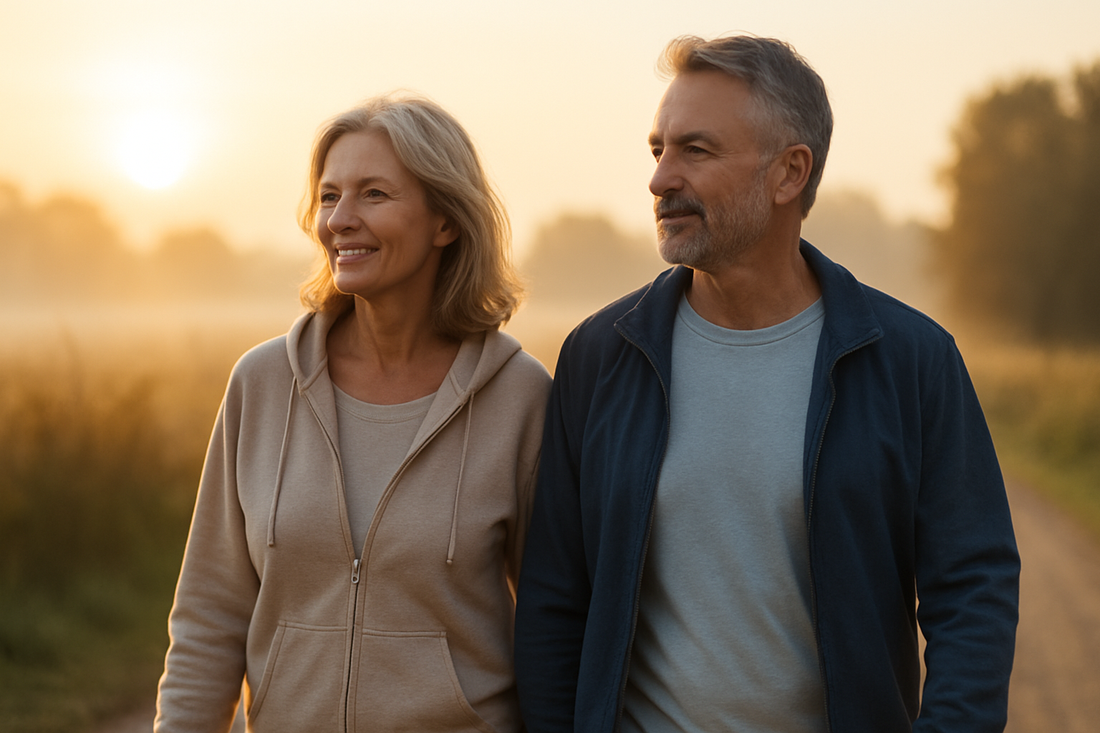 “Active adults in their 50s walking at sunrise, symbolising vitality and healthy aging.”