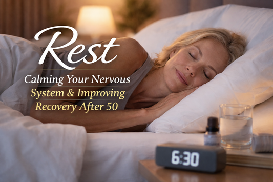 “Midlife woman sleeping peacefully in bed, illustrating rest and nervous system recovery after 50”