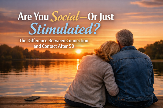 “Older couple sharing a quiet moment by a lake, representing real connection and wellbeing after 50.”