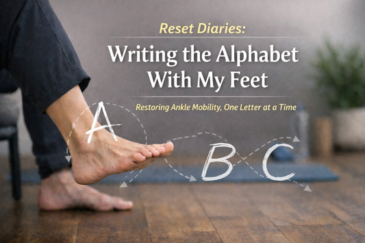 Close-up of a seated person lifting one foot and tracing the alphabet in the air, demonstrating an ankle mobility exercise to improve flexibility and joint contr