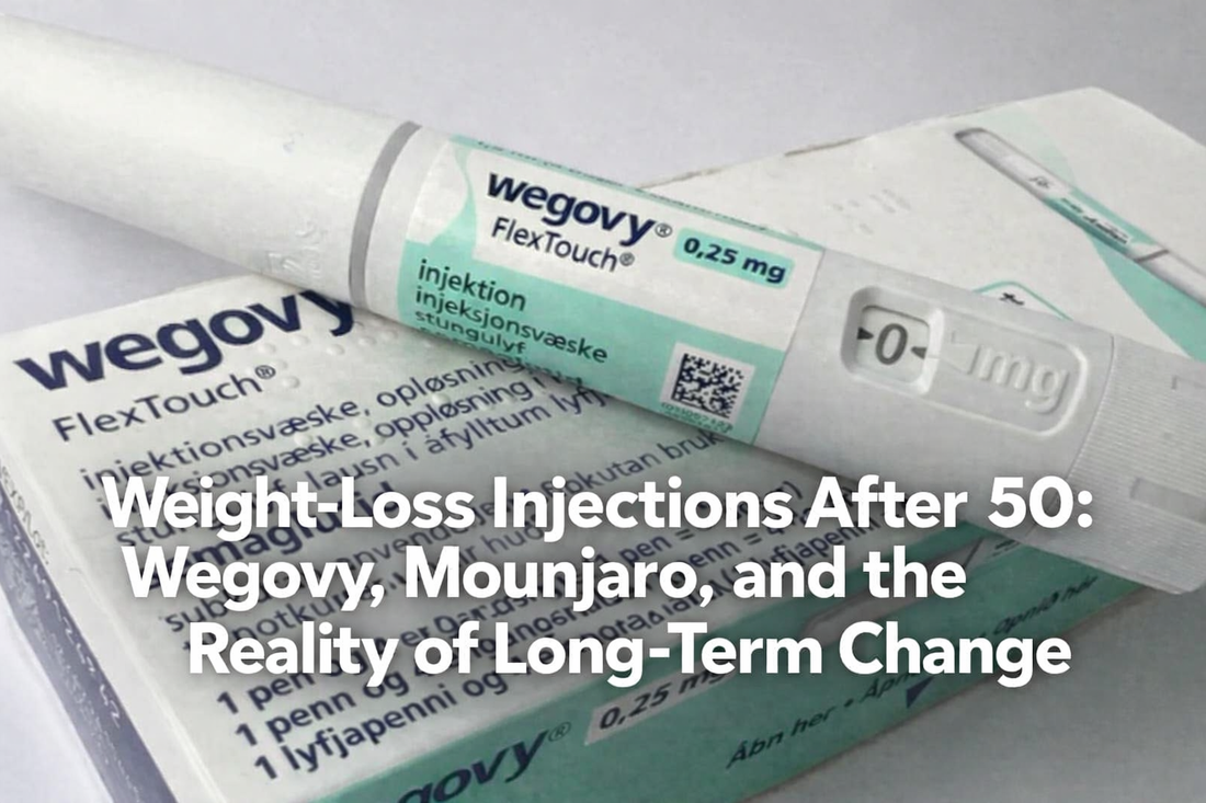 Close-up of a Wegovy FlexTouch injection pen resting on its box, showing semaglutide and the 0.25 mg starter dose.