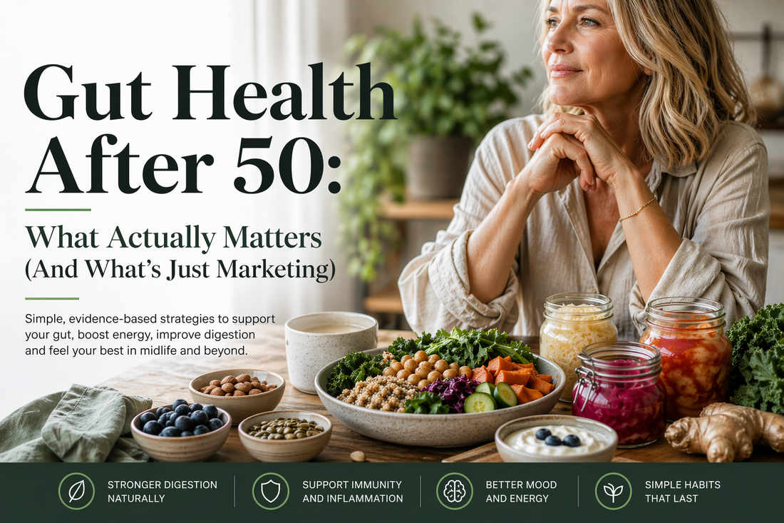 Calm midlife kitchen scene with whole foods and fermented ingredients, representing simple, sustainable gut health habits