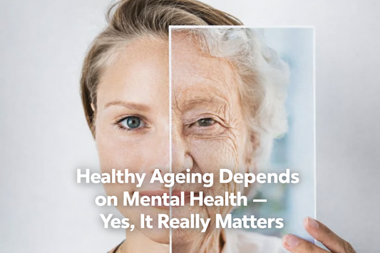 Split portrait showing a woman’s face half youthful and half aged, symbolising how mental health influences healthy ageing over time.