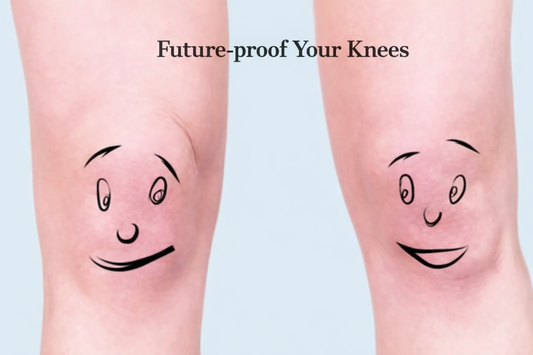 “Two knees with cheerful cartoon faces drawn on them, used to illustrate a light-hearted look at protecting knee joints and maintaining mobility after 50.”