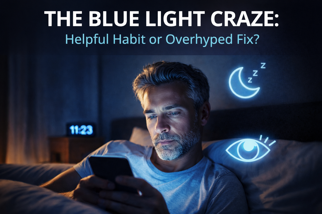 Man in his 40s lying in bed at night using a smartphone, face illuminated by blue light, symbolising screen exposure and its effect on sleep and eye strain