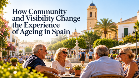 Older adults socialising at a sunny café in a Spanish plaza, illustrating community, connection and ageing in Spain.