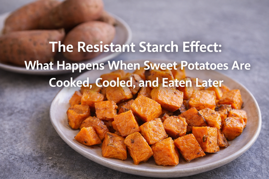 Cooked and cooled sweet potatoes with vegetables, illustrating how resistant starch forms when starchy foods are prepared in advance and eaten later.