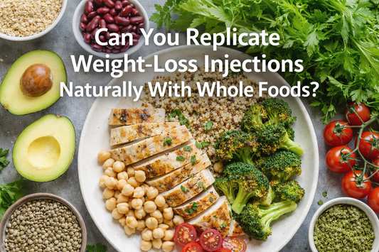 Whole-food protein-rich meal with chicken, quinoa, vegetables, legumes and healthy fats, illustrating natural appetite regulation as an alternative to weight-loss injections after 50.