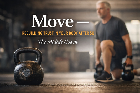 “Man over 50 training with a kettlebell in a gym as part of strength training after midlife”
