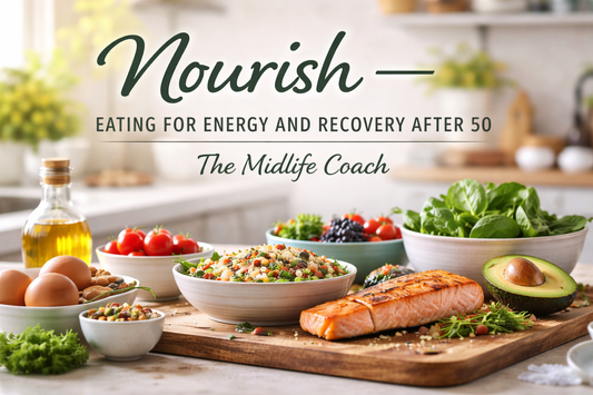 “Healthy midlife meal with salmon, quinoa, vegetables and avocado, illustrating eating for energy and recovery after 50”