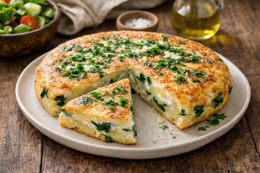 High-protein Spanish tortilla made with egg whites, whole eggs, potatoes and spinach, sliced on a neutral plate with a golden top and fluffy interior.